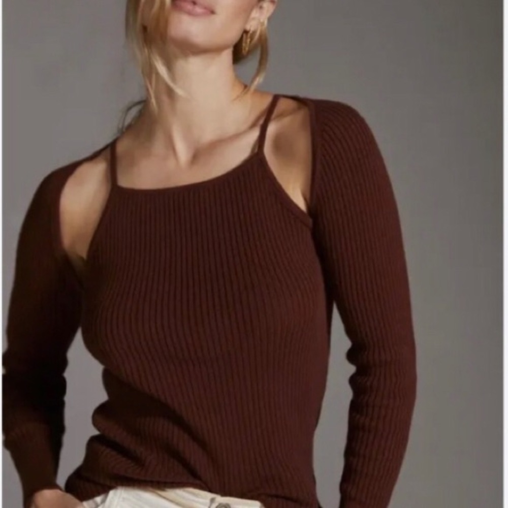 Women's Anthropologie Ribbed Brown Cold Shoulder Sweater - Picture 3 of 9